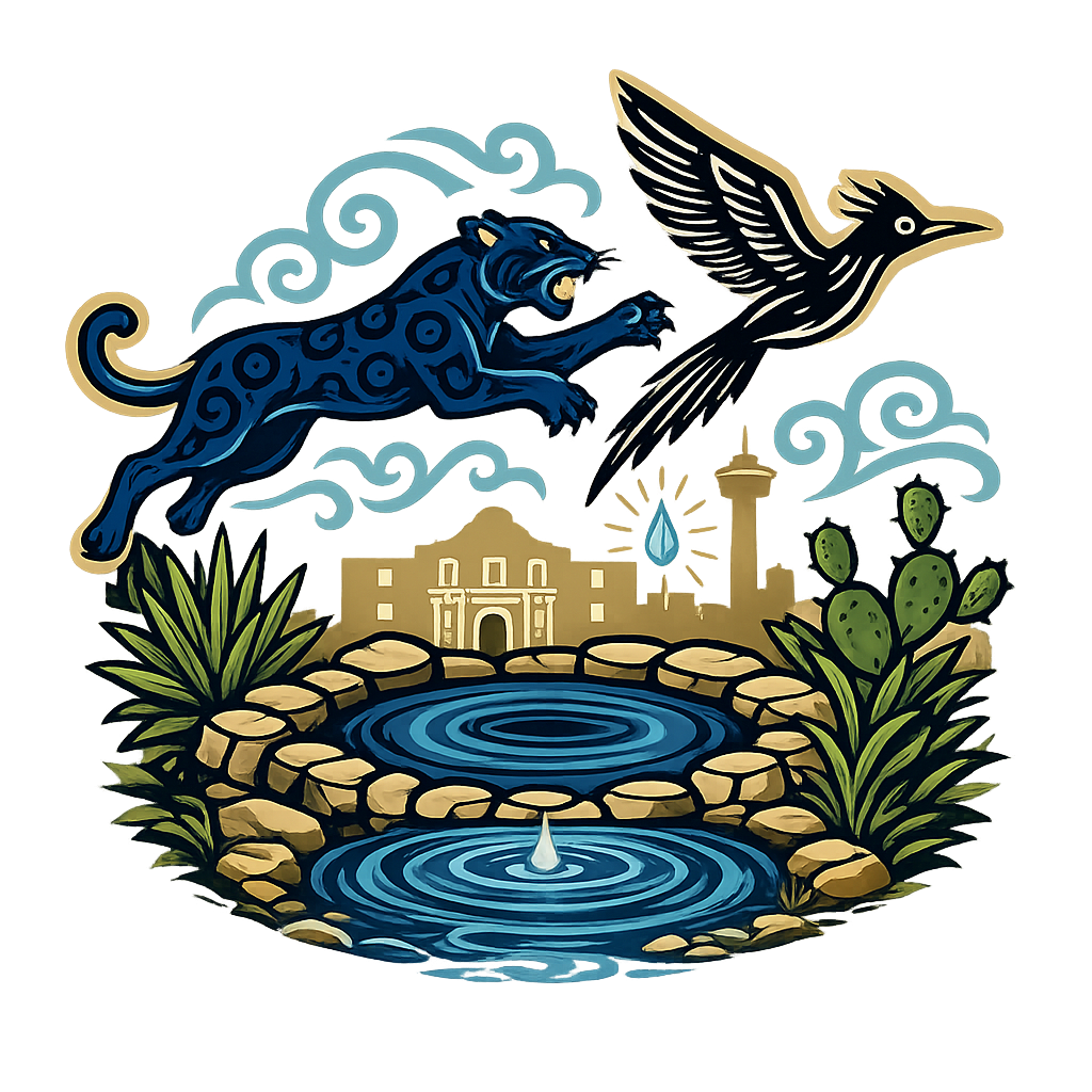 Yanaguana Fiesta Club — a leaping navy jaguar with Aztec spots and a roadrunner soar above the Alamo and Tower of the Americas, surrounded by a spring pool, agave, and cactus